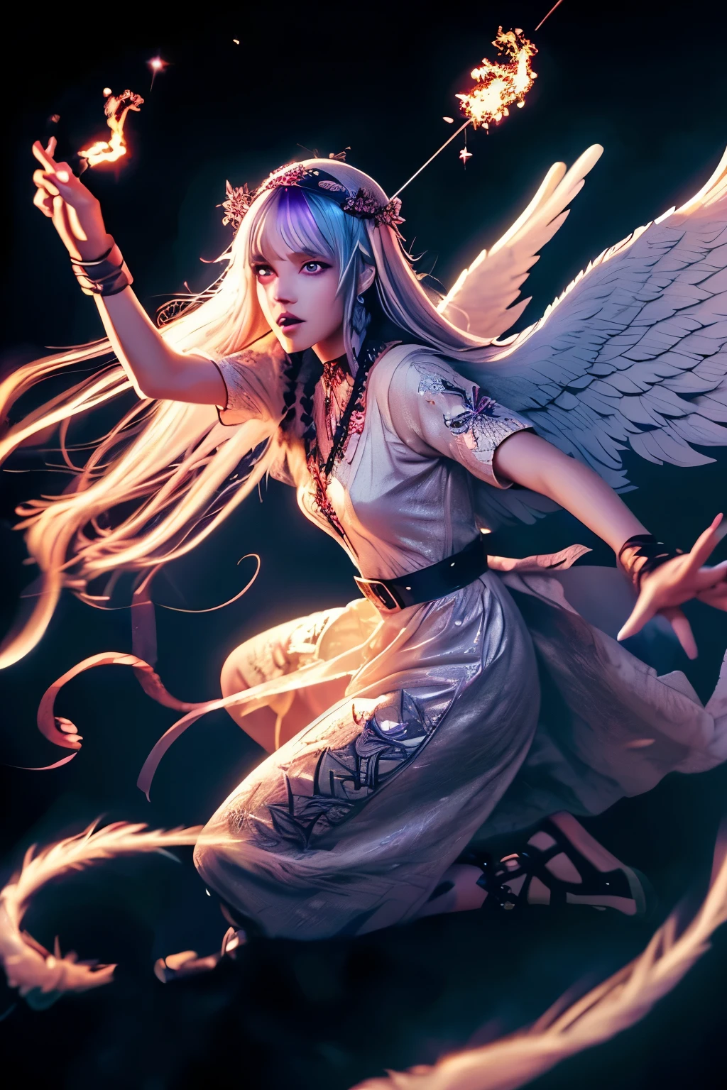 (Ultra-detailed face, roar, shout), (Fantasy Illustration with Gothic & Ukiyo-e & Comic Art), (Full body, A female angel with silver hair, blunt bangs, very long disheveled hair, lavender eyes), (The female angel wears a white Babylonian-style cotton dress with feathered hair ornaments, sacred letters, embroidery, and lace, and braided sandals of white cloth), BREAK (The archangel roars and flies through the sky with a sparkling rainbow-colored trail in a daring pose, holding a flame experience in her hand, at the Parthenon), BREAK (The area is filled with fire and smoke, and an army of acid demons is battling an army of angels)