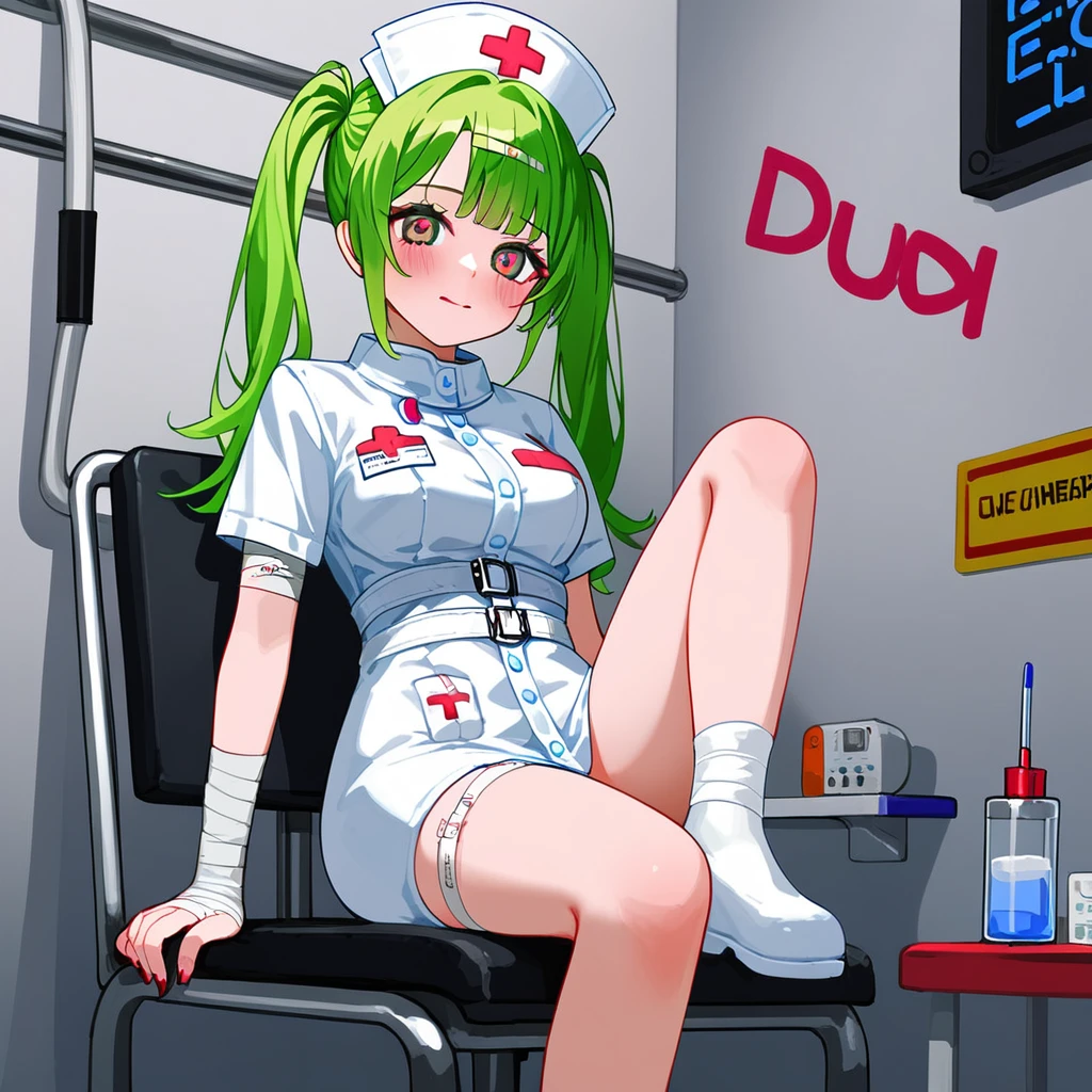 Create an anime-style illustration featuring a mischievous nurse with mint green hair in pigtails, wearing a white nurse cap with red crosses and a pink heart. She is dressed in a white nurse uniform with colorful badges and pins, holding a large gradient-colored syringe. The nurse has tattoos on her arms, a band-aid on her cheek, and a chain around her right leg attached to a medical kit. Beside her, there is a plush-like bunny character sitting on a chair, wrapped in bandages, wearing a straitjacket, surrounded by various medical supplies like syringes, pills, and bandages. The background should be pink with graffiti-style text including "Give you a shot" and "Please don't be scared." The overall style should combine anime aesthetics with an urban, chaotic medical theme.
