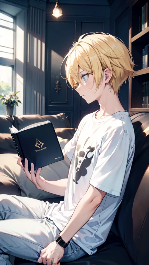 profile background, anime boy, neutral face, blond hair, cyan eyes, detailed eyes and face, white t-shirt with a black book in t...