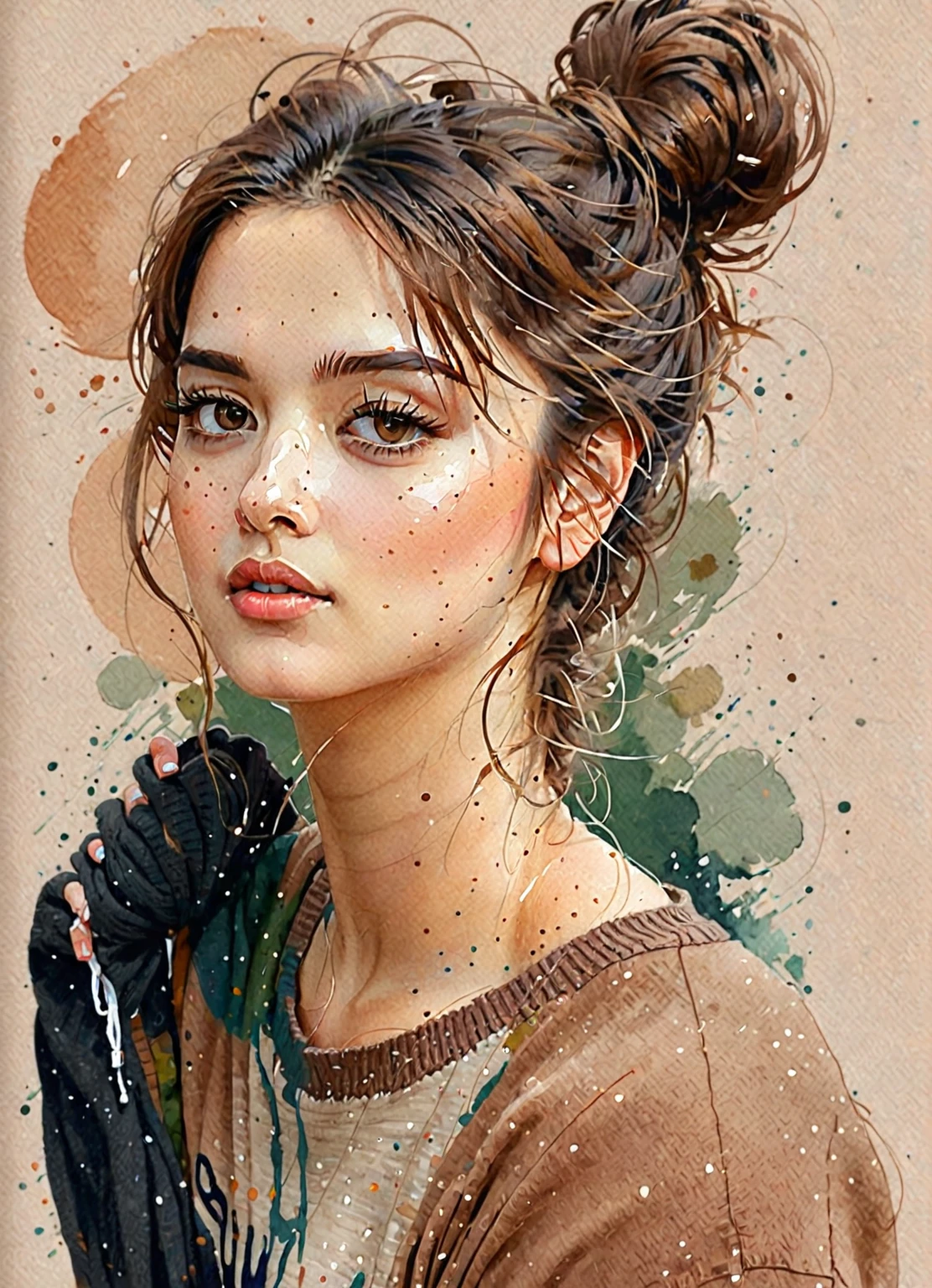 ilustración de una mujer con un moño desordenado y un suéter marrón, en el estilo artístico de bowater, Una hermosa ilustración de obra de arte., retrato femenino, ilustración pictórica, tendencia en artstration, Exquisita ilustración digital, hermosa ilustración digital, retrato en color, pintura de ilustración, Estilo de ilustración, arte de la ilustración, watercolor Estilo de ilustración, retrato de niña, jinyoung espinilla arte, en estilo de ilustración digital