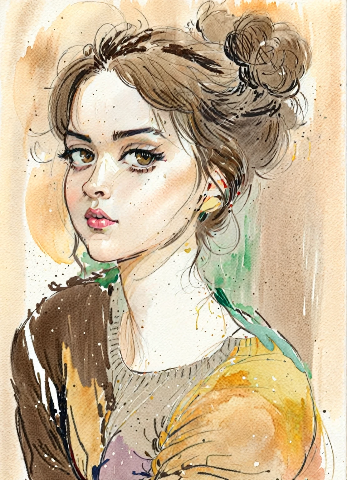 illustration d&#39;une femme avec un chignon en bataille et un pull marron, dans le style artistique de Bowater, une belle illustration d'œuvre d'art, portrait féminin, illustration picturale, tendance sur l&#39;artstration, illustration numérique exquise, belle illustration numérique, portrait en couleur, peinture d&#39;illustration, style d&#39;illustration, illustration artistique, watercolor style d&#39;illustration, Portrait de jeune fille, art du tibia jinyoung, dans le style de l&#39;illustration numérique