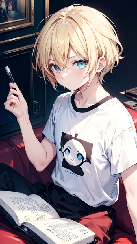 profile background, anime boy, slightly cheerful face, blond hair, cyan eyes, detailed eyes and face, white t-shirt with a black...