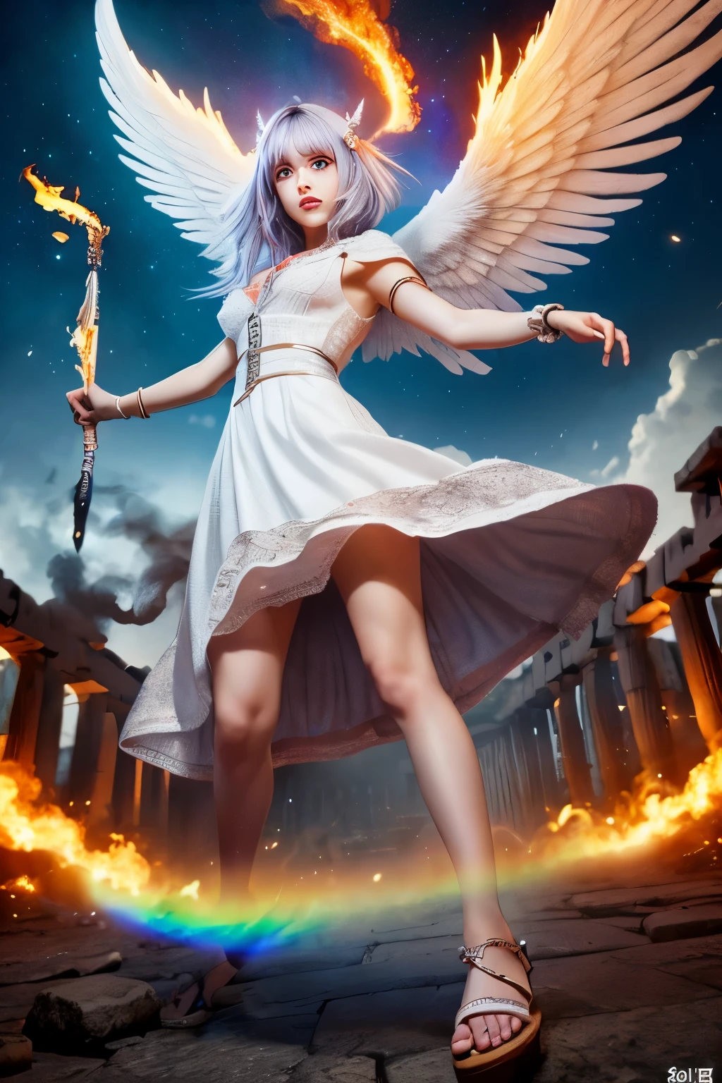 (Ultra-detailed face, roar, shout), (Fantasy Illustration with Gothic & Ukiyo-e & Comic Art), (Full body, A female angel with silver hair, blunt bangs, very long disheveled hair, lavender eyes), (The female angel wears a white Babylonian-style cotton dress with feathered hair ornaments, sacred letters, embroidery, and lace, and braided sandals of white cloth), BREAK (The archangel roars and flies through the sky with a sparkling rainbow-colored trail in a daring pose, holding a flame experience in her hand, at the Parthenon), BREAK (The area is filled with fire and smoke, and an army of acid demons is battling an army of angels)