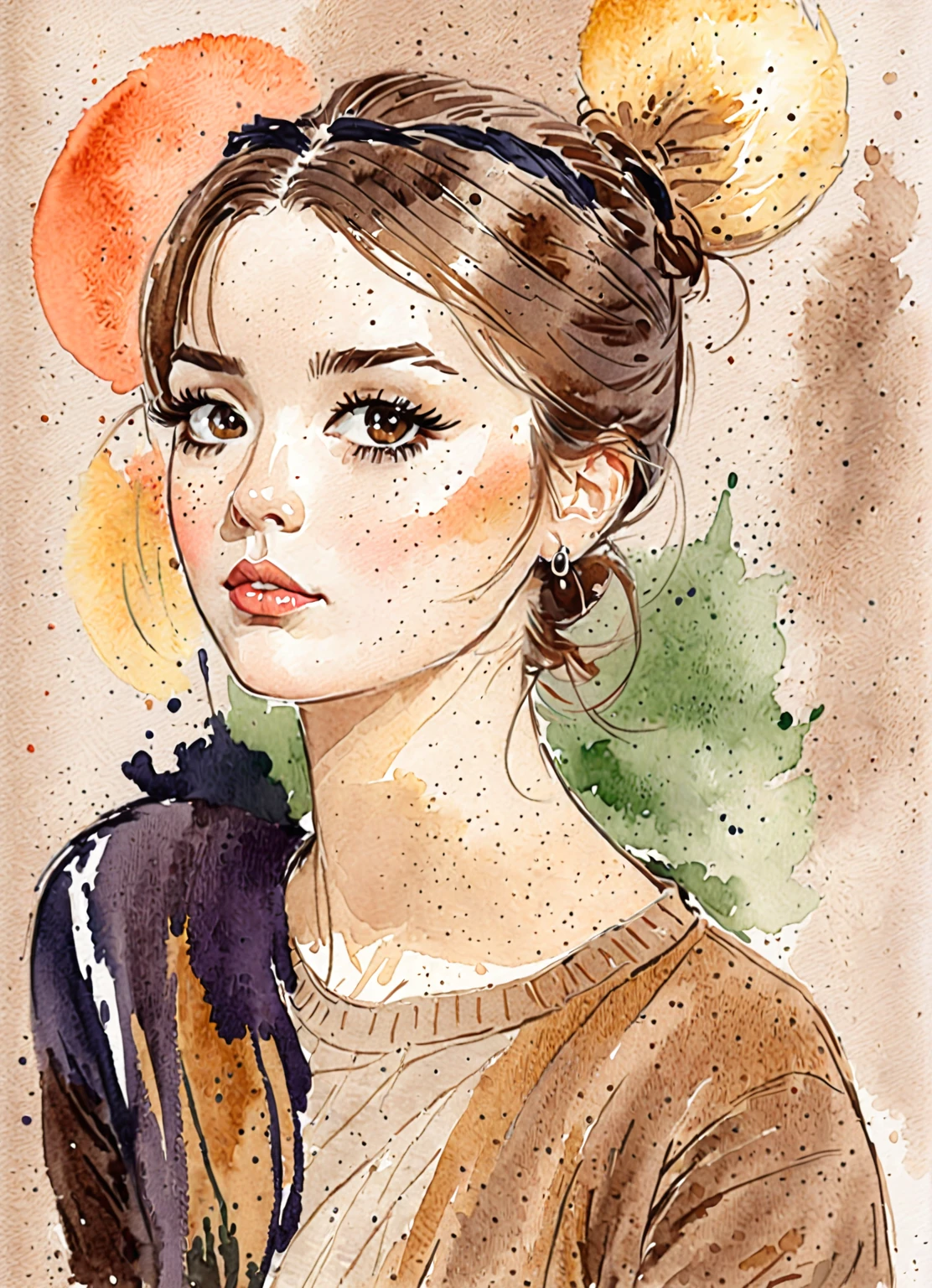 illustration d&#39;une femme avec un chignon en bataille et un pull marron, dans le style artistique de Bowater, une belle illustration d'œuvre d'art, portrait féminin, illustration picturale, tendance sur l&#39;artstration, illustration numérique exquise, belle illustration numérique, portrait en couleur, peinture d&#39;illustration, style d&#39;illustration, illustration artistique, watercolor style d&#39;illustration, Portrait de jeune fille, art du tibia jinyoung, dans le style de l&#39;illustration numérique