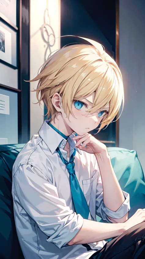 profile background, anime boy, serious face, defined body, blond hair, cyan eyes, detailed eyes and face, white shirt with a kan...