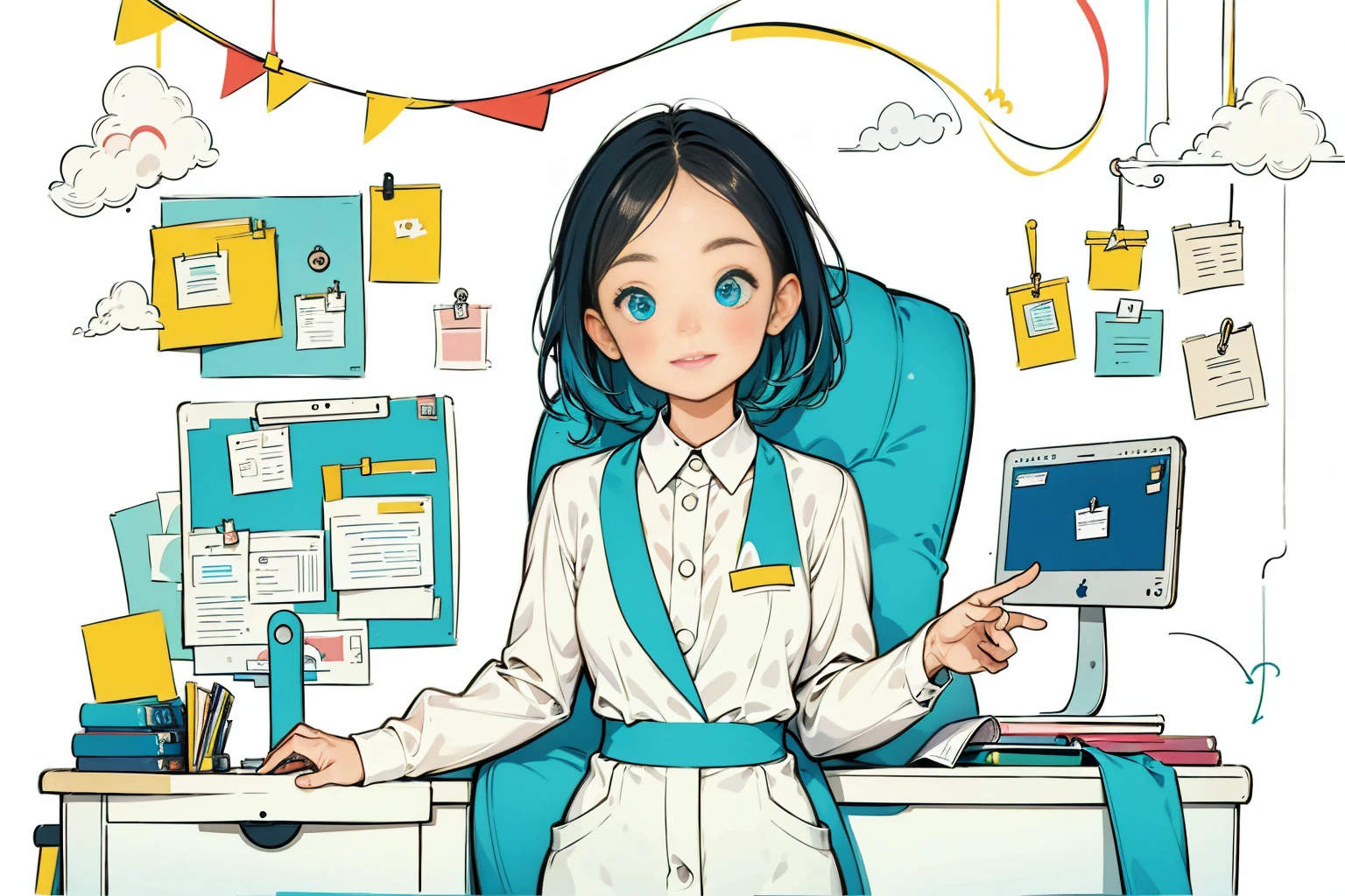 1個穿白襯衫和藍色背心的女孩,褲子,常設,在辦公室工作,長髮,微笑,簡單的背景