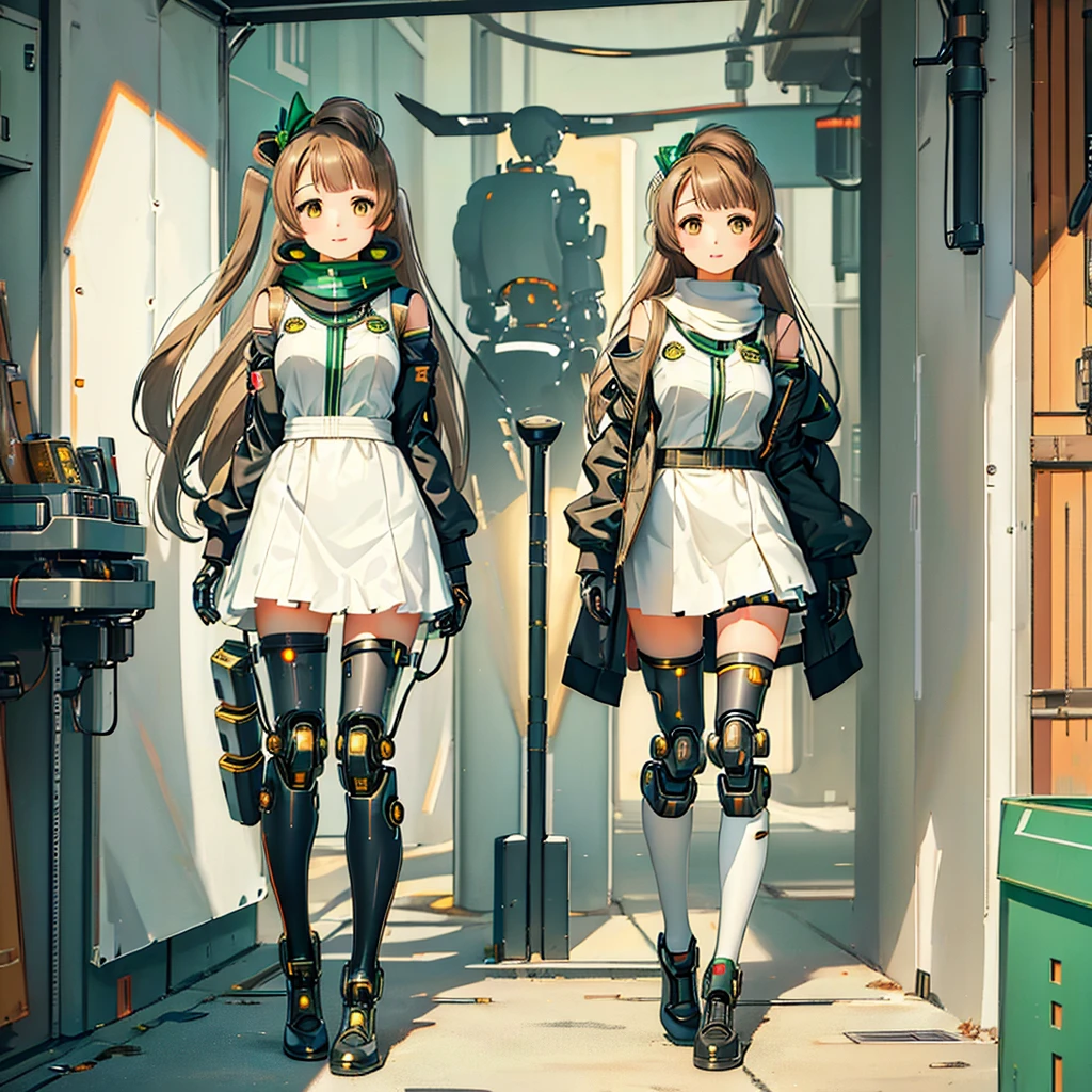 Meisterwerk, gute Qualität, gynoider Cyborg-Körper、Das Gesicht ist Minami Kotori、Minami Kotori, die in einen mädchenhaften mechanischen Körper umgestaltet wurde、Mecha Cyborg Girl、einzel, Frontale Komposition、einzel image、von vorne, Ganzkörper、Arme und Beine weit geöffnet、schwarzer Hintergrund