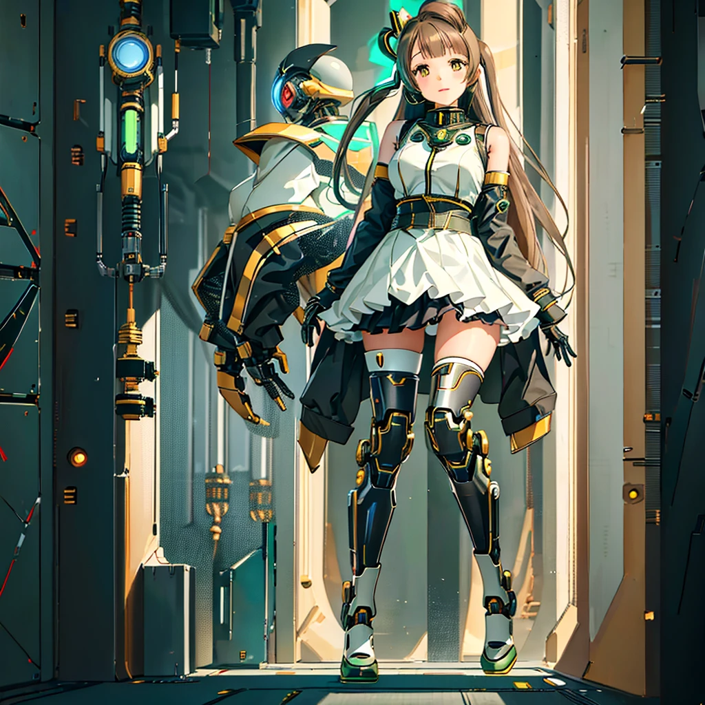 Meisterwerk, gute Qualität, gynoider Cyborg-Körper、Das Gesicht ist Minami Kotori、Minami Kotori, die in einen mädchenhaften mechanischen Körper umgestaltet wurde、Mecha Cyborg Girl、einzel, Frontale Komposition、einzel image、von vorne, Ganzkörper、Arme und Beine weit geöffnet、schwarzer Hintergrund