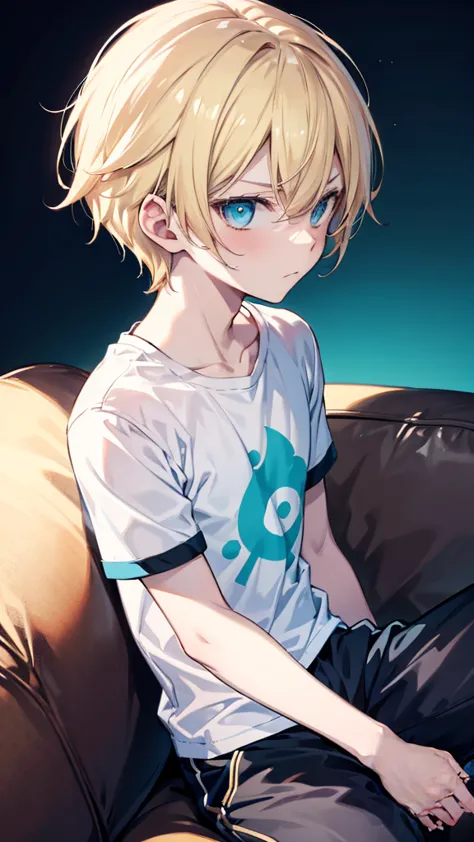 profile background, anime boy, serious face, blond hair, cyan eyes, gym body, detailed eyes and face, white shirt with a kanji i...