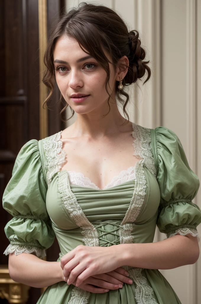 ((best quality, exceptional quality)), ((better skin texture, premium material)), (upper body portrait), victorian era woman, the moment when i saw her bright green eyes and fell in love, short brown hair, puffy sleeves, lace bodice, nipples