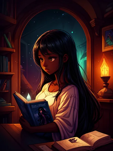 A beautiful girl with dark skin and long black hair, a cute semi-transparent ghost, children's book style, graphic novel concept...