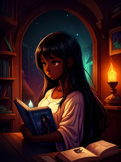 A beautiful girl with dark skin and long black hair, a cute semi-transparent ghost, children's book style, graphic novel concept...