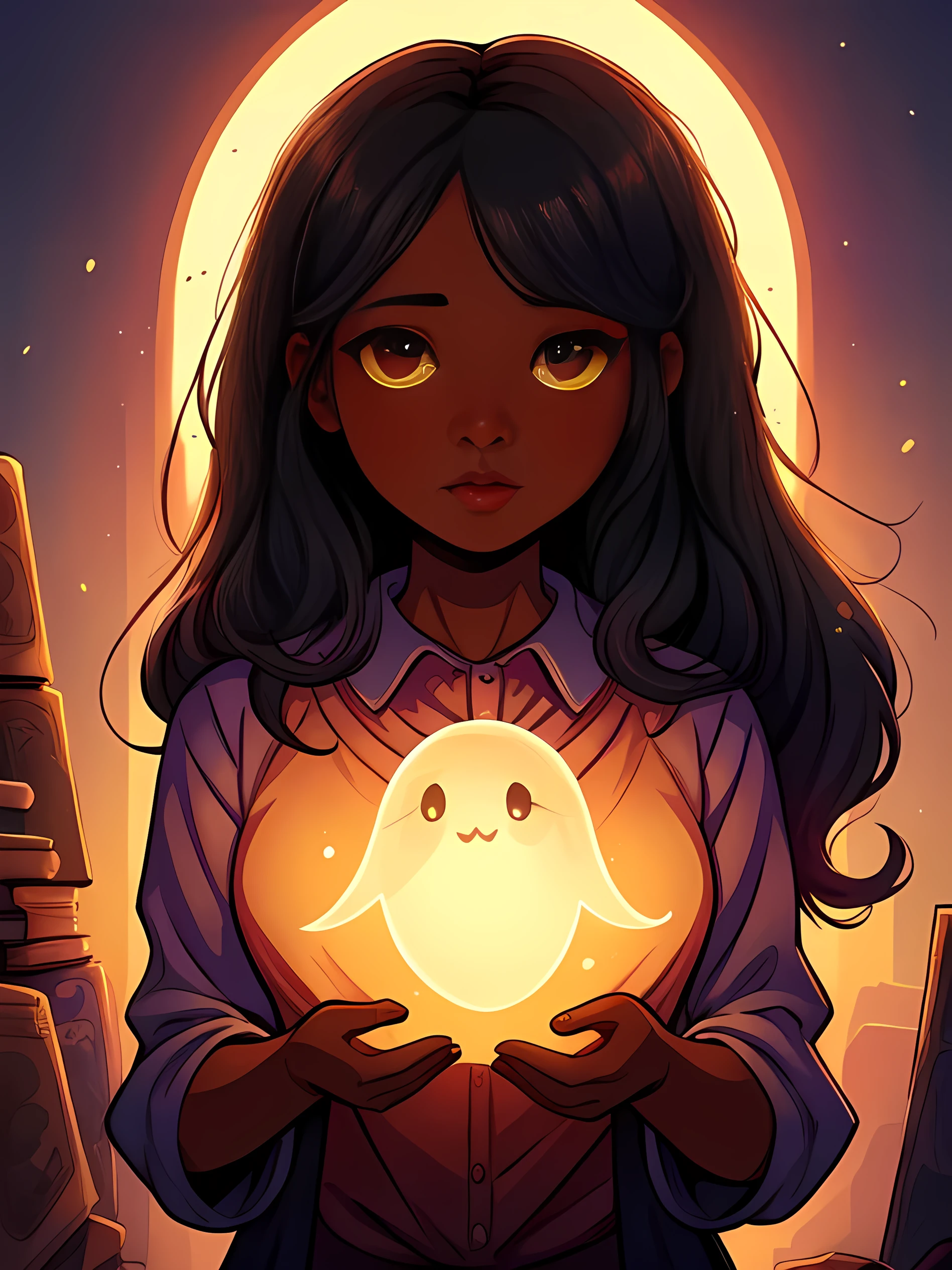 A beautiful girl with dark skin and long black hair, a cute semi-transparent ghost, children's book style, graphic novel concept art, raw style, ultra-detailed, masterpiece, 8k, high quality, vivid colors, soft lighting, warm tones, magical realism