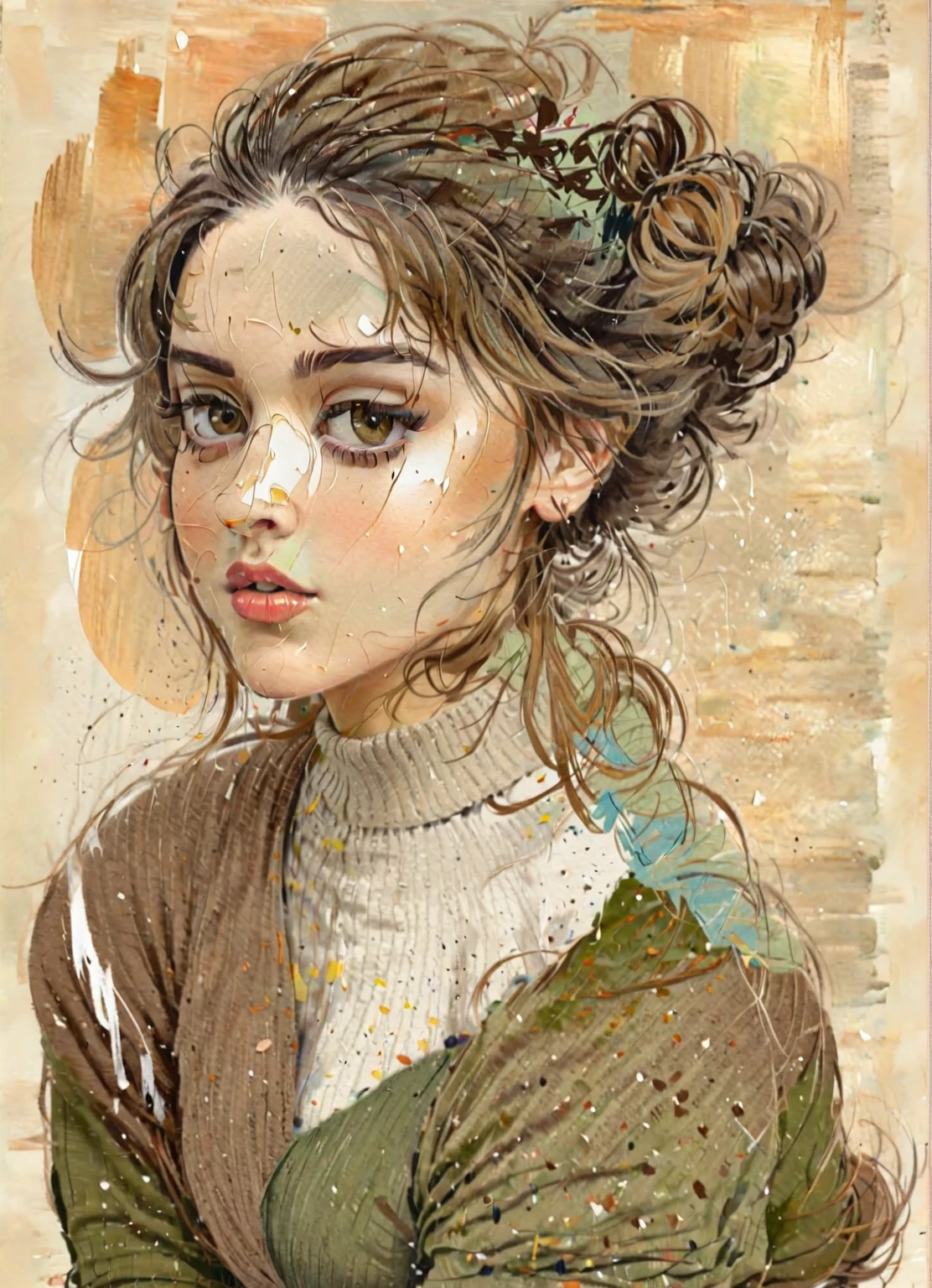 ilustración de una mujer con un moño desordenado y un suéter marrón, en el estilo artístico de bowater, Una hermosa ilustración de obra de arte., retrato femenino, ilustración pictórica, tendencia en artstration, Exquisita ilustración digital, hermosa ilustración digital, retrato en color, pintura de ilustración, Estilo de ilustración, d33p1k4