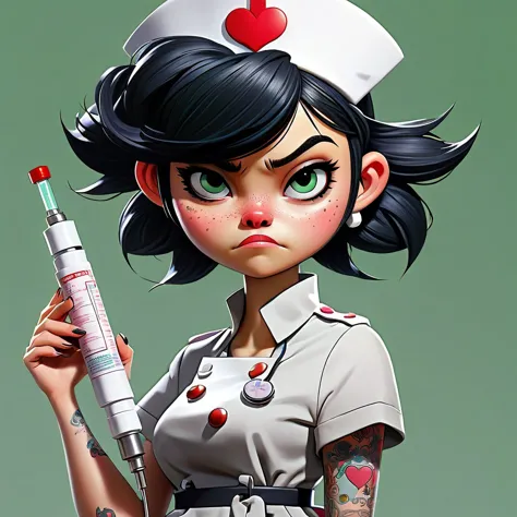 girl similar to gorillaz noodle, short black hair ((drawing)), ((anime girl nose)) ,generate an anime-style artwork featuring a ...