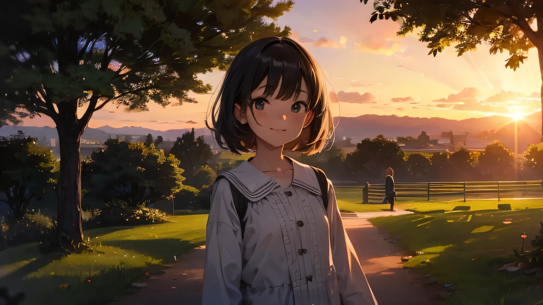 Please depict a young girl smiling in a nostalgic rural park during sunset.
