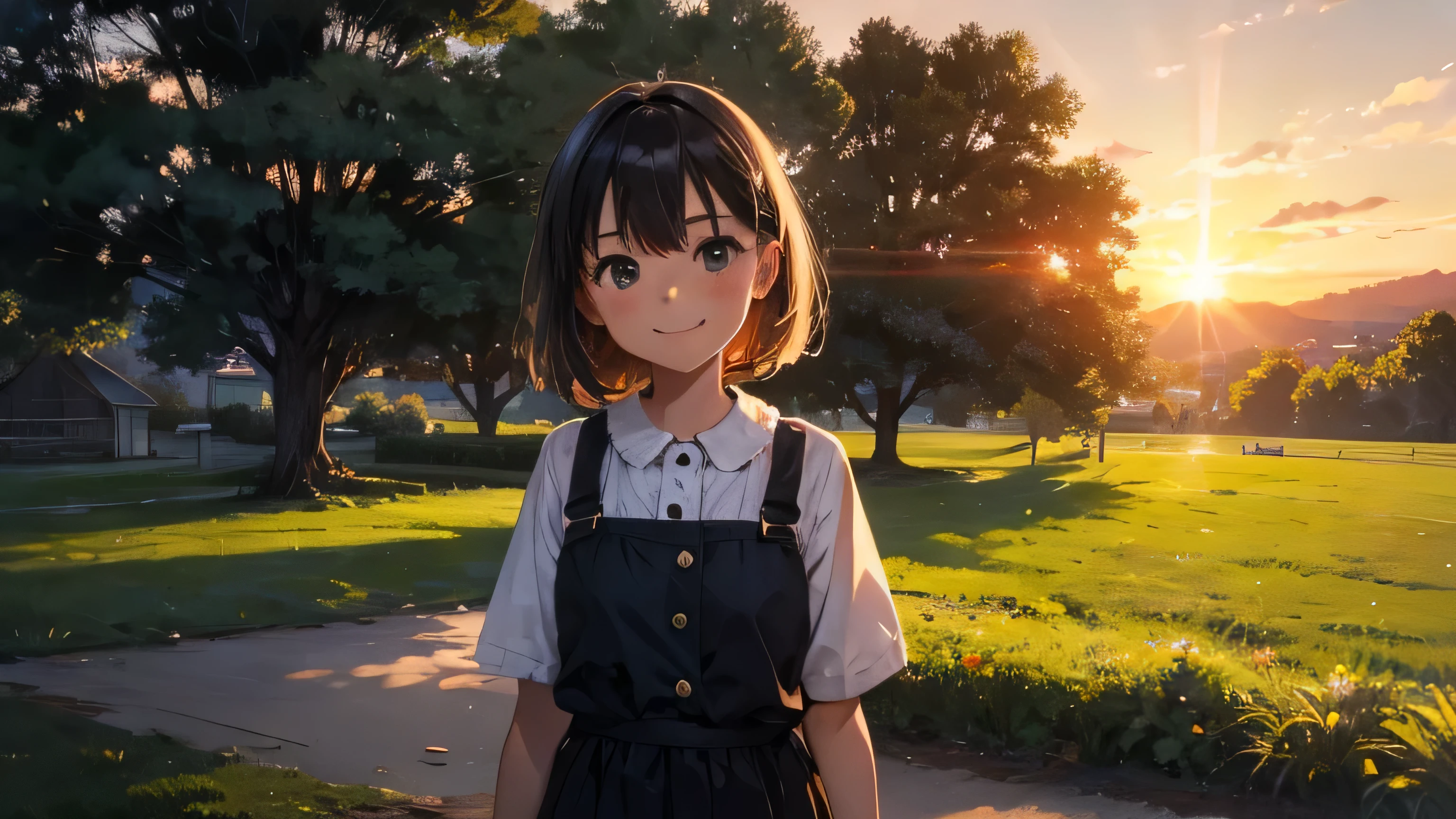 Please depict a young girl smiling in a nostalgic rural park during sunset.
