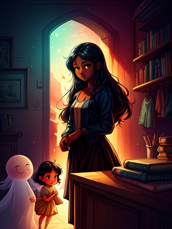 A beautiful “1girl_Cherub” with dark skin and long black hair, a cute semi-transparent ghost, children's book style, graphic novel concept art, raw style, ultra-detailed, masterpiece, 8k, high quality, vivid colors, soft lighting, warm tones, magical realism