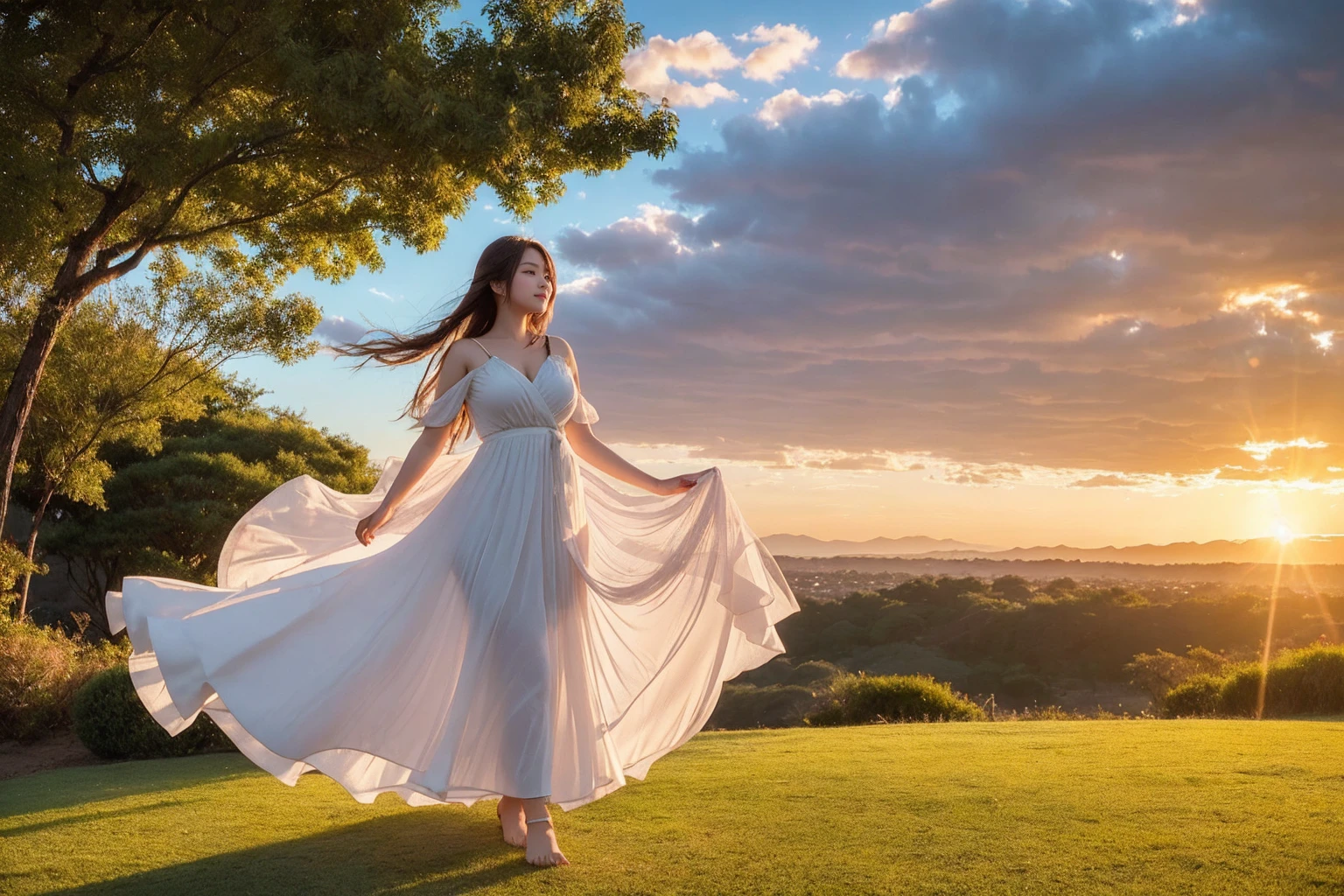 A captivating cinematic photograph of a radiant young japan woman standing amidst an enchanting environment filled with hearts of various sizes and colors. She is dressed in a flowing white dress, with her hair gently blowing in the breeze. The hearts appear to cascade from the sky, cover the ground, and even wrap around the woman's body, creating a sense of love and warmth. The background features a dreamy, golden sunset, and the overall atmosphere evokes feelings of happiness and joy.