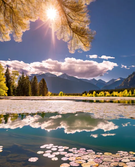 This healing landscape picture can be described as：A peaceful lake，Reflecting the clear lake water，Surrounded by lush trees and ...