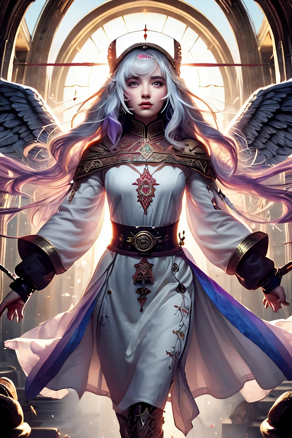 (Ultra-detailed face, roar, shout), (Fantasy Illustration with Gothic & Ukiyo-e & Comic Art), (Full body, A female angel with silver hair, blunt bangs, very long disheveled hair, lavender eyes), (The female angel wears a white Babylonian-style cotton dress with feathered hair ornaments, sacred letters, embroidery, and lace, and braided sandals of white cloth), BREAK (The archangel roars and flies through the sky with a sparkling rainbow-colored trail in a daring pose, holding a flame experience in her hand, at the Parthenon), BREAK (The area is filled with fire and smoke, and an army of acid demons is battling an army of angels)