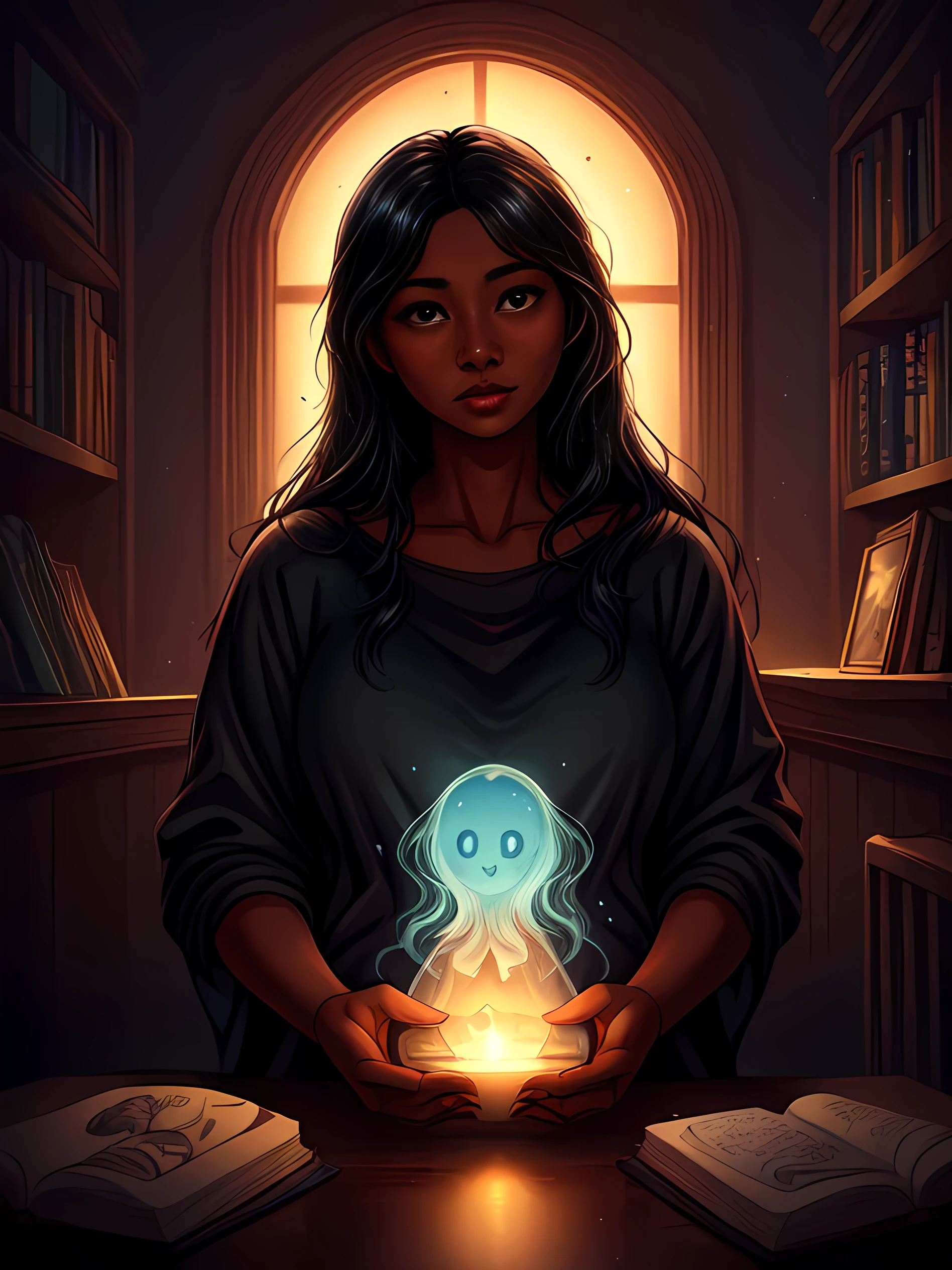 1girl, beautiful angelic, dark skin, long black hair, cute semi-transparent ghost, children's book style, graphic novel concept art, raw style, (best quality,4k,8k,highres,masterpiece:1.2),ultra-detailed,(realistic,photorealistic,photo-realistic:1.37),vivid colors,soft lighting,warm tones,magical realism