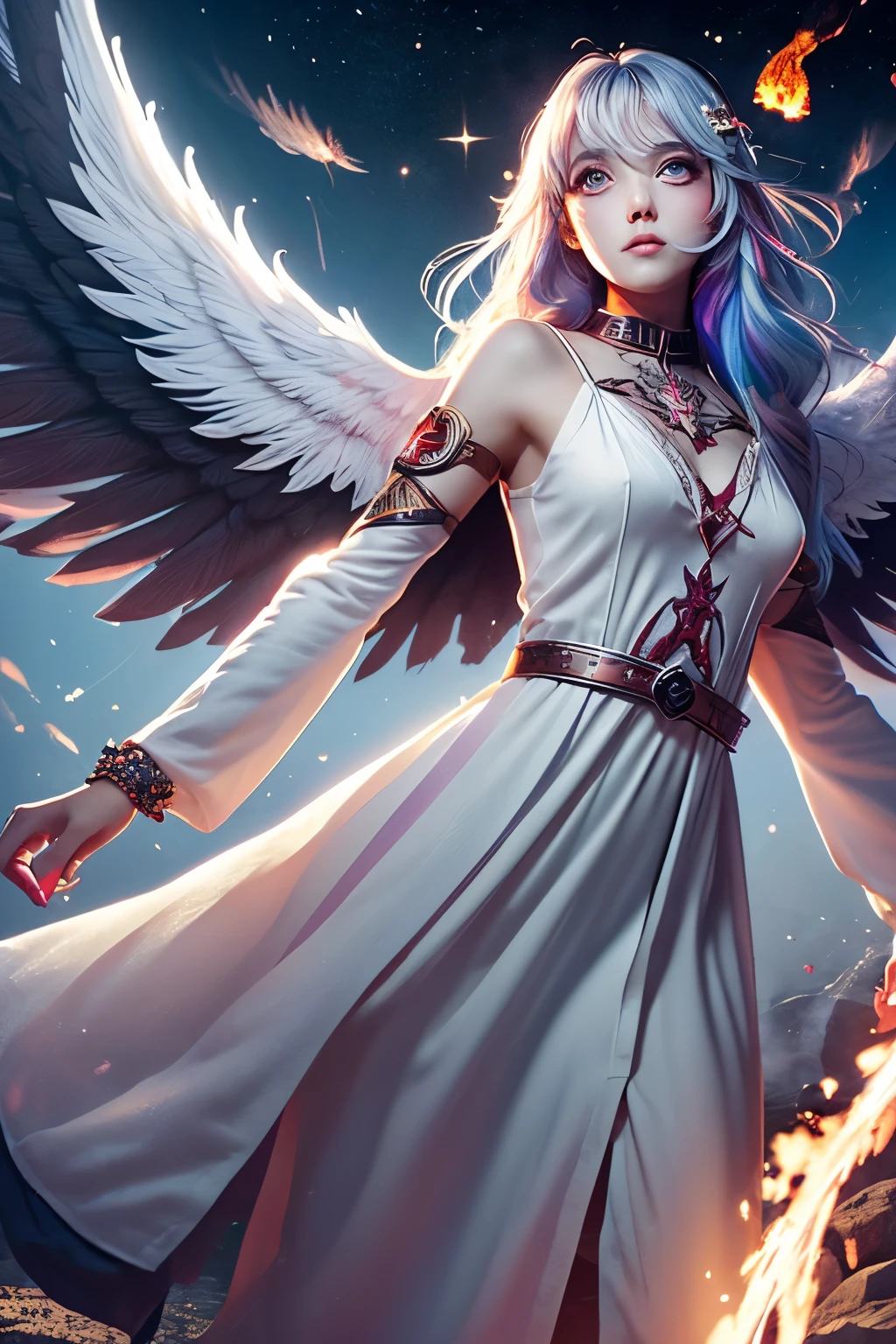 (Ultra-detailed face, roar, shout), (Fantasy Illustration with Gothic & Ukiyo-e & Comic Art), (Full body, A female angel with silver hair, blunt bangs, very long disheveled hair, lavender eyes), (The female angel wears a white Babylonian-style cotton dress with feathered hair ornaments, sacred letters, embroidery, and lace, and braided sandals of white cloth), BREAK (The archangel roars and flies through the sky with a sparkling rainbow-colored trail in a daring pose, holding a flame experience in her hand, at the Parthenon), BREAK (The area is filled with fire and smoke, and an army of acid demons is battling an army of angels)