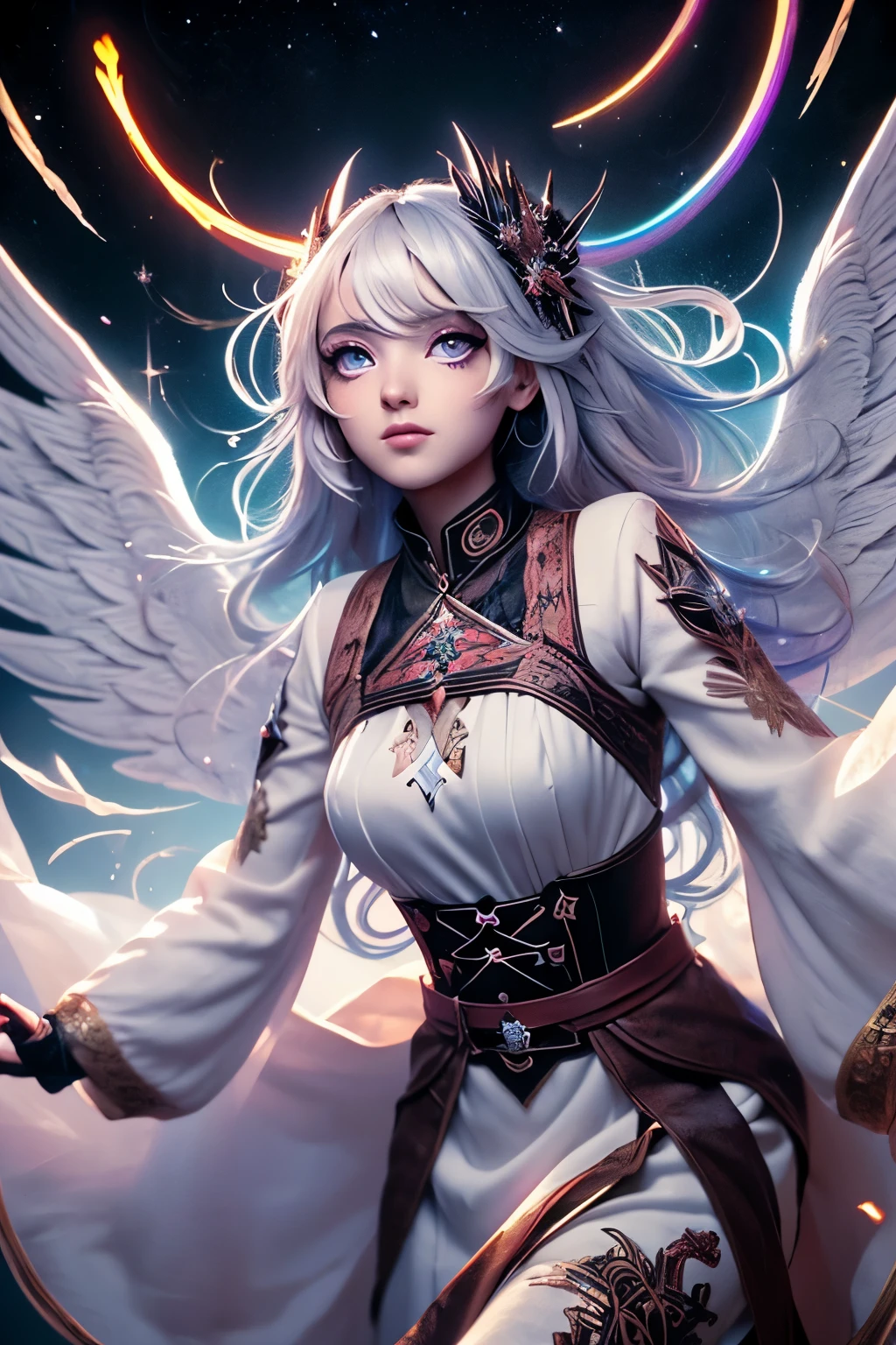 (Ultra-detailed face, roar, shout), (Fantasy Illustration with Gothic & Ukiyo-e & Comic Art), (Full body, A female angel with silver hair, blunt bangs, very long disheveled hair, lavender eyes), (The female angel wears a white Babylonian-style cotton dress with feathered hair ornaments, sacred letters, embroidery, and lace, and braided sandals of white cloth), BREAK (The archangel roars and flies through the sky with a sparkling rainbow-colored trail in a daring pose, holding a flame experience in her hand, at the Parthenon), BREAK (The area is filled with fire and smoke, and an army of acid demons is battling an army of angels)