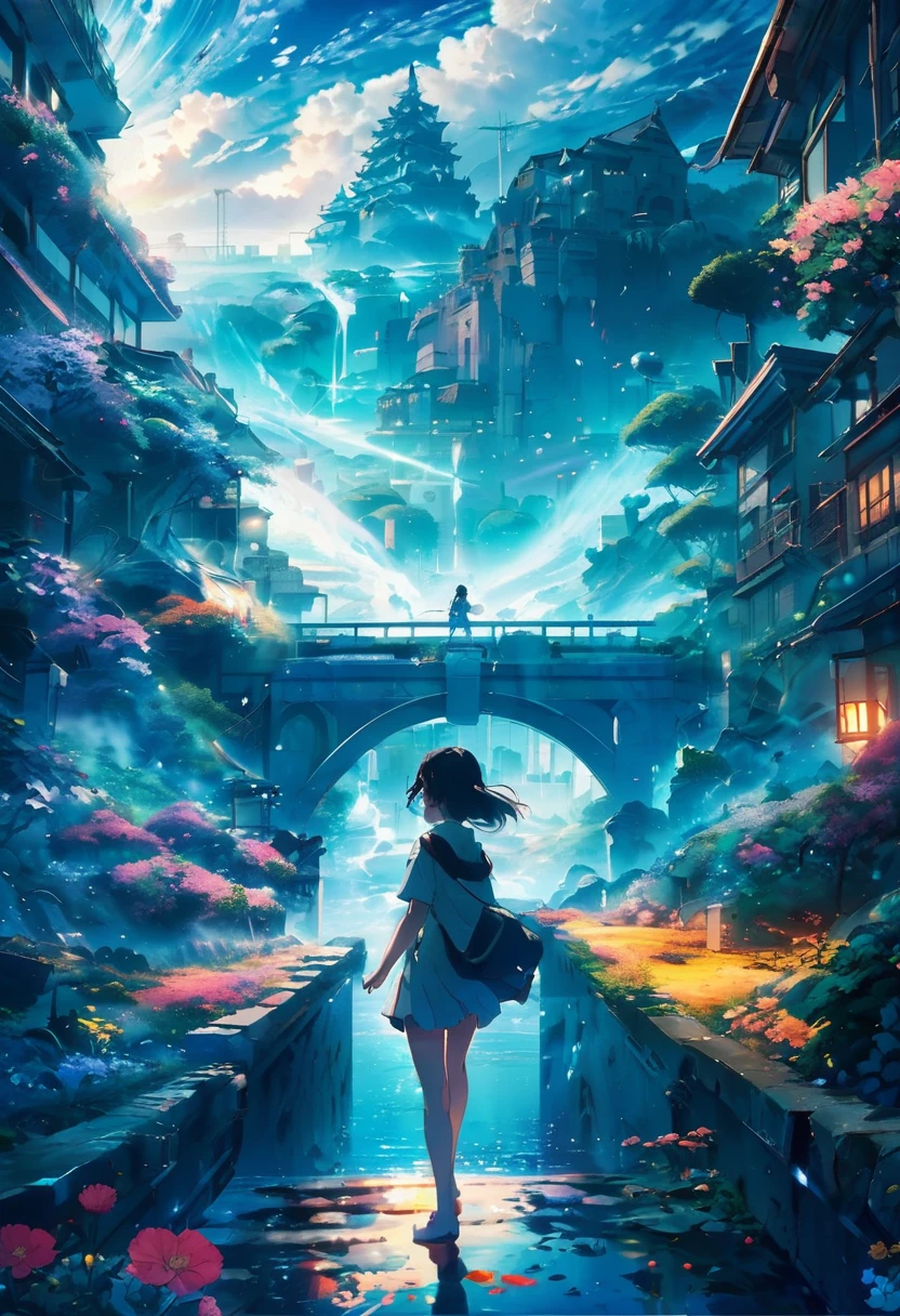 visuel clé de l&#39;anime, Paysages chefs-d’œuvre,Une fille, De la ville en ruine, contexte complexe, état brumeux, cyberdélique, lumière fleurie, Objectif macro, Style Tsuchida, éclaboussure de gouttes d&#39;eau 