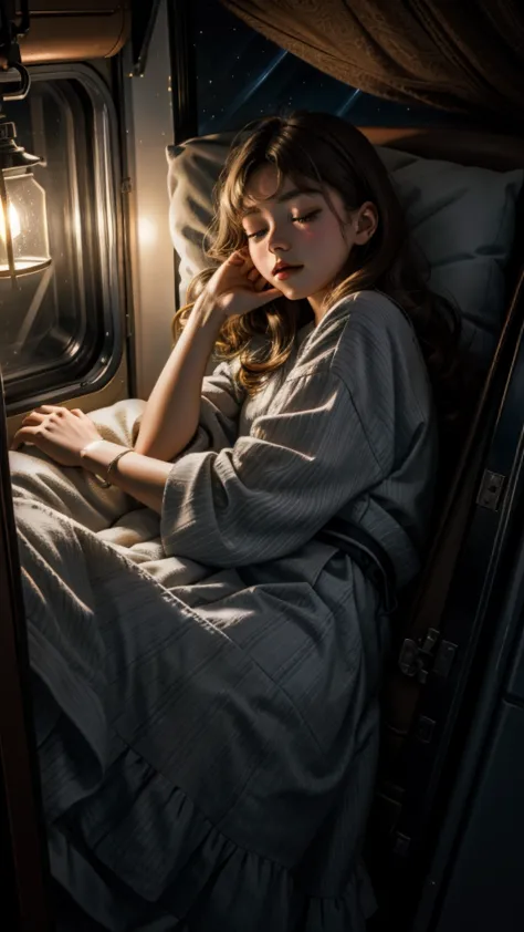 sleeping teen girl lying posing inside the caravan truck beside the caravan truck door, head on pillow, dark night skies in the ...