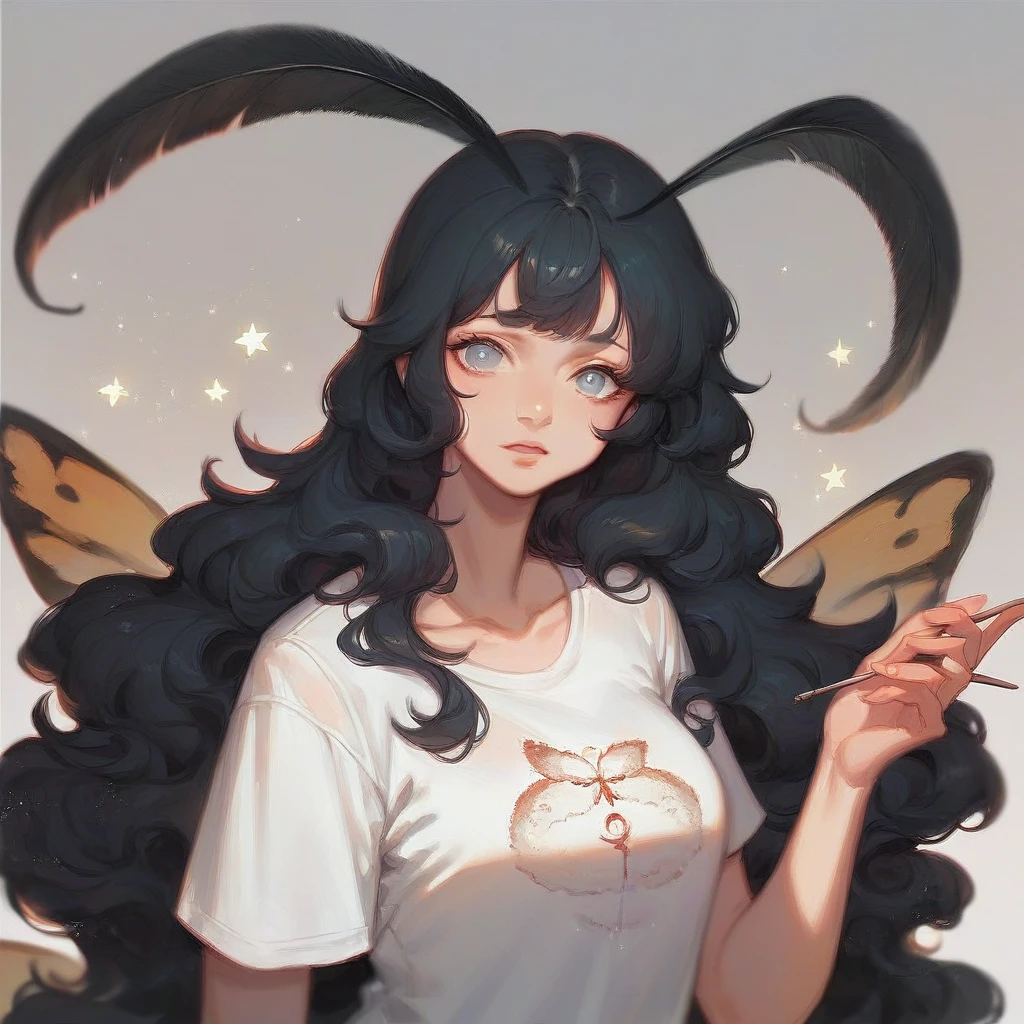 1woman, moth antennae,moth wings, solo, star (symbol), Black hair,long hair , Light blue eyes, fluffy hair,White T-shirt,Fechin, oil painting, anime/Cartoon style 🌌