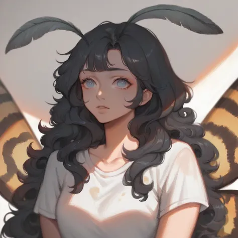 1woman, moth antennae,moth wings, solo, star (symbol), Black hair,long hair , Light blue eyes, fluffy hair,White T-shirt,Fechin,...