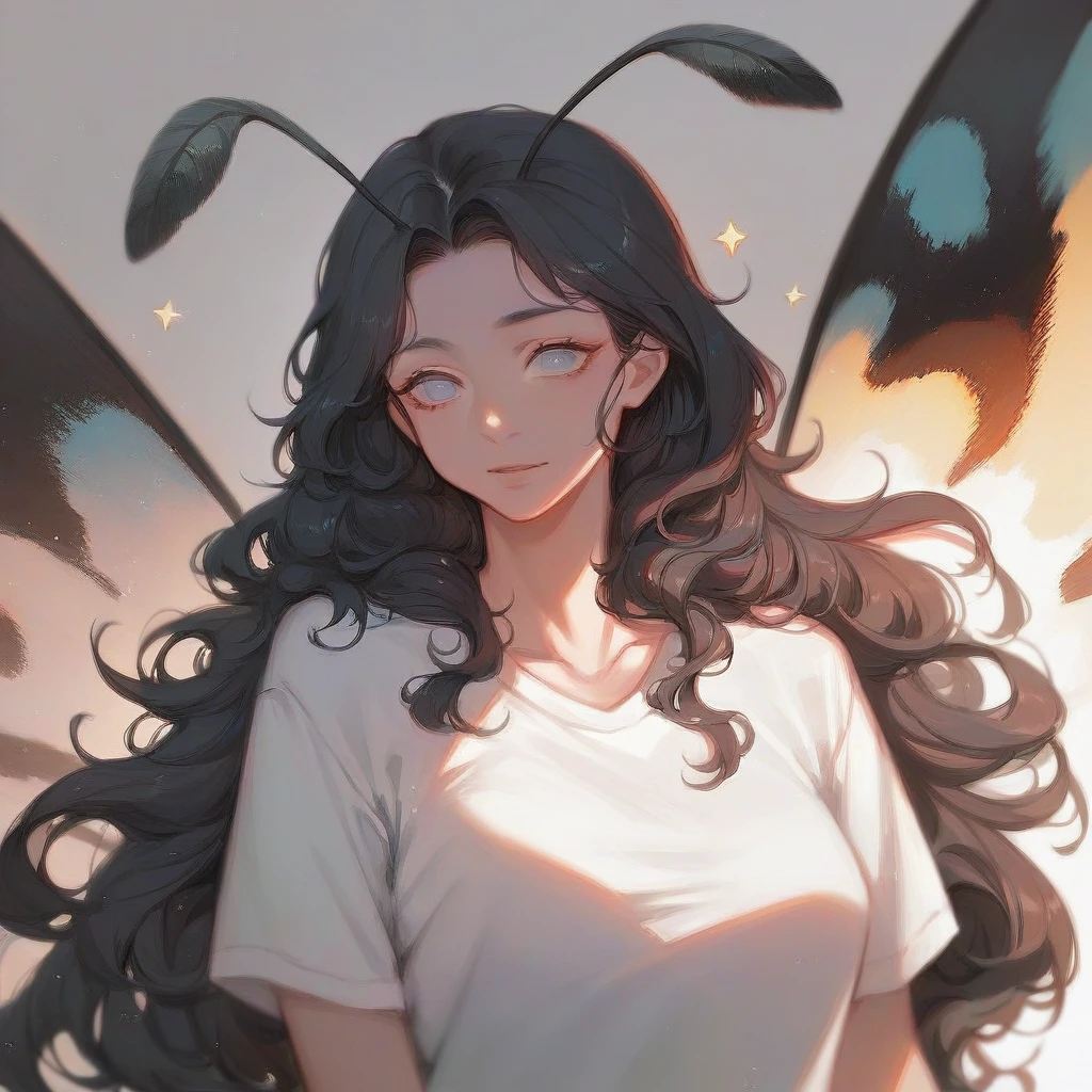 1woman, moth antennae,moth wings, solo, star (symbol), Black hair,long hair , Light blue eyes, fluffy hair,White T-shirt,Fechin, oil painting, anime/Cartoon style 🌌