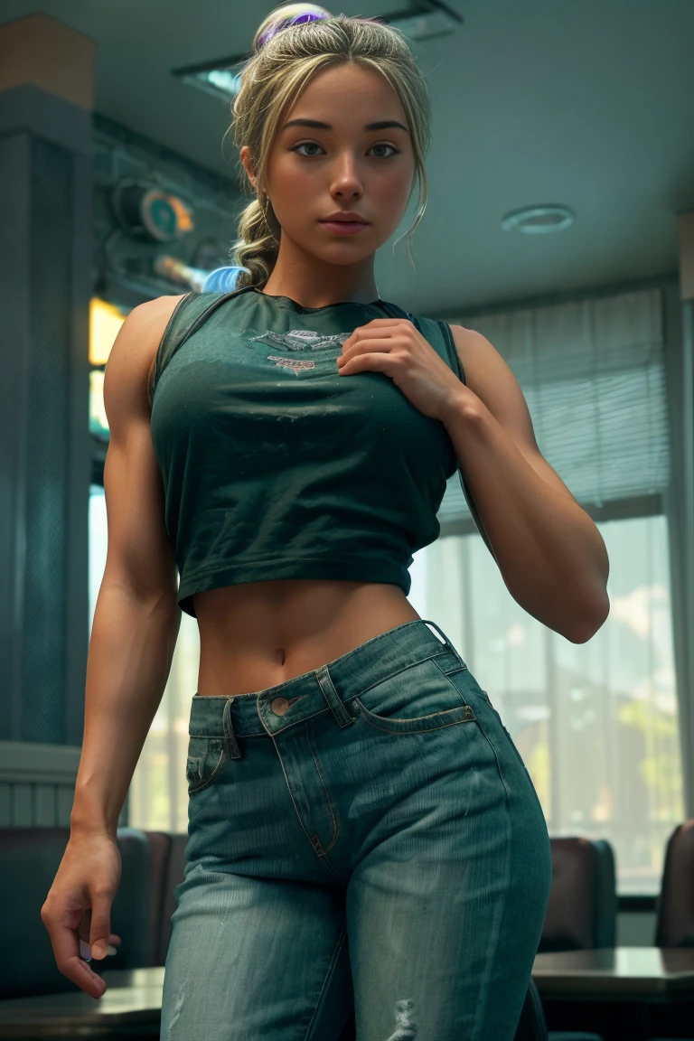 (dark shot:1.4), 80mm, a beautiful heavily muscled iffb pro female blondie czech bodybuilder, working as a (waitress:1.1) at (a diner:1.2), weared in white shirt, blue apron, jeans, ponytail, (natural skin texture, hyperrealism, soft light, sharp), (intricate details:0.9), (hdr, hyperdetailed:1.2), soft light, sharp, exposure blend, medium shot, bokeh, (hdr:1.4), high contrast, (cinematic, teal and orange:0.85), (muted colors, dim colors, soothing tones:1.3), low saturation, (hyperdetailed:1.2), (noir:0.4)  