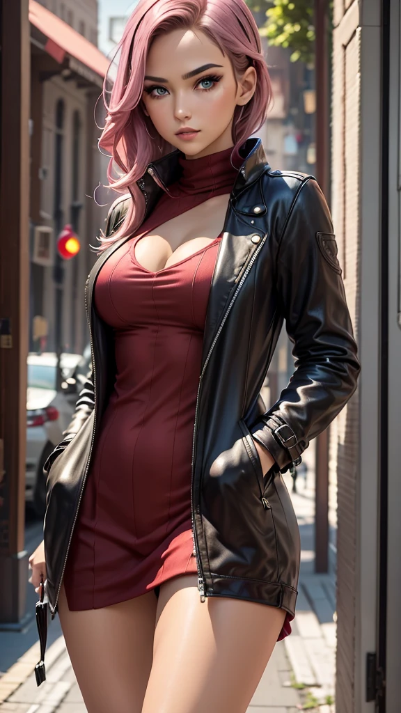 a masterpiece, best quality, highres, absurdres, 1girl, crowd, laced underwear, long trenchcoat, pink hair, Alex Less, from below, revealing clothes, skindentation, outdoors, sunlight, street, looking at viewer, blush, detailed face, beautiful detailed eyes, beautiful detailed lips, extremely detailed face, long eyelashes, cinematic lighting, depth of field, volumetric lighting, photorealistic, digital painting, concept art, vibrant colors, dynamic pose