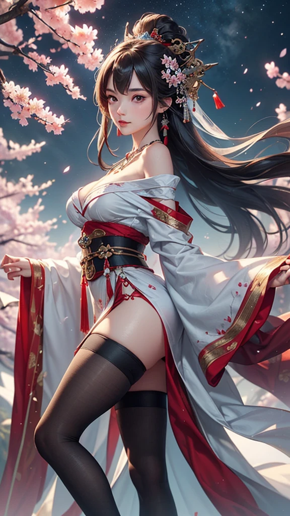 (masterpiece:1.5, Highest quality, Very detailed、 Dutch Angle、Semi-realistic、Fantasy)(One Girl, alone)(Silver Hair:1.6,,Straight Long Hair)(Wearing Han clothes, Royalty、White and red Hanfu:1.5,Thick fabric,Long sleeve)、((Off the shoulder、medium breasts, Beautiful cleavage、ruby ​​necklace))((Above the knee tights))(from backside,cherry blossoms、dead tree、Mystical Night、Particles of light float around the woman、Fantasyのためのスペース)
