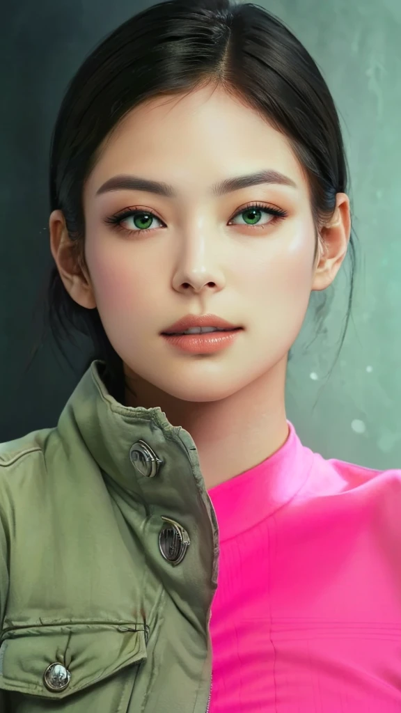 masterpiece, best quality, (extremely detailed CG unity 8k wallpaper), (best quality), (best illustration), (best shadow), absurdres, The image is a split-screen photograph of two individuals merged into one face. On the left, there's a man with short dark hair wearing a green jacket with zippers and buttons. His gaze is directed slightly to his right, and he has a serious expression. On the right, there's a woman with long dark hair, parted in the middle, and she's wearing a pink top with a high neckline. Her eyes are looking straight ahead, and her expression is neutral. The background of both halves is plain and nondescript, ensuring that the focus remains on their combined image.