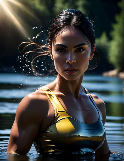 muscular woman in a lake,strong and powerful,rippling water,rippling muscles,feminine strength,body glistening with water drople...