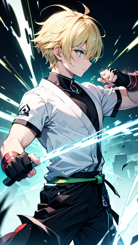 profile background, anime boy, serious face, blond hair, cyan eyes, martial arts clothing, high-res portrait, bathing an english...