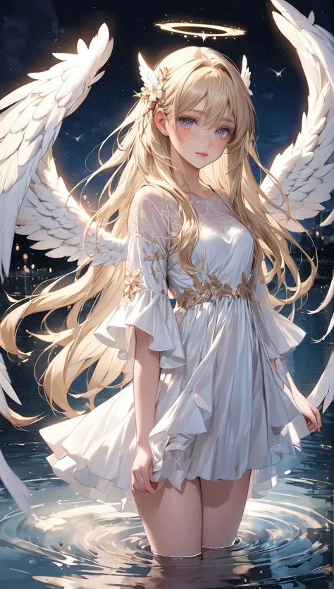 blond angel with white wings standing in water at night, of an beautiful angel girl, of beautiful angel, beautiful angel, angel ...