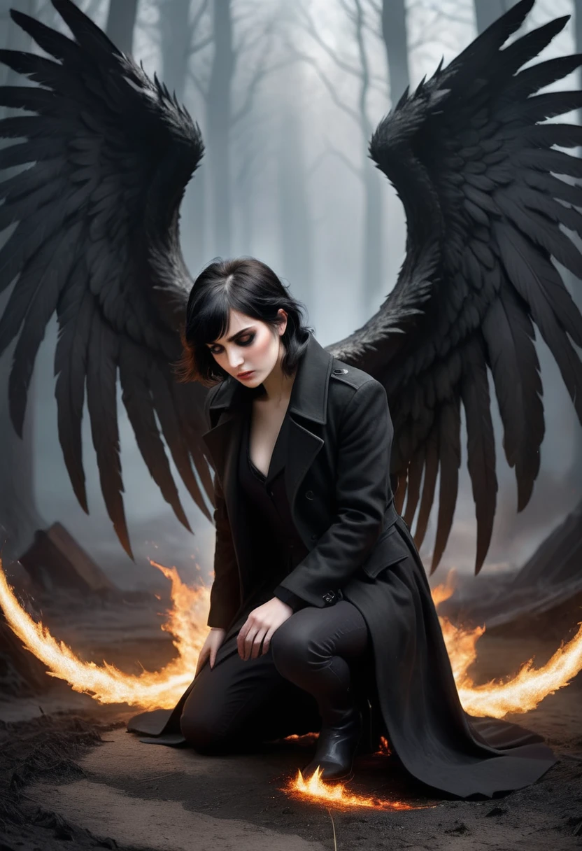 Dark Book Cover:

A fallen angel dominates the scene, its immense black wings contrasting with its pale skin. Her short black hair falls wildly over her face., partially hiding your dark eyes. He is kneeling, with one knee touching the rough ground, wrapped in a long black overcoat that flaps in the wind. Behind him, a flaming portal to hell emerges, radiating a sinister and threatening light, projecting shadows that seem to move with a life of their own. The atmosphere is filled with despair and mystery, capturing the essence of a world lost between redemption and damnation.