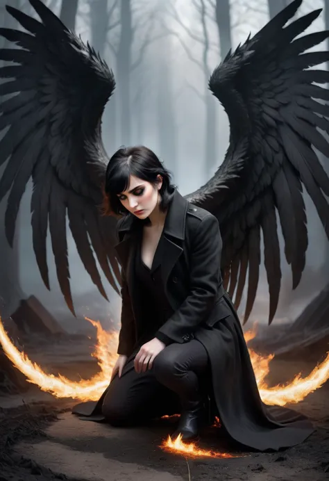 dark book cover:

a fallen angel dominates the scene, its immense black wings contrasting with its pale skin. her short black ha...