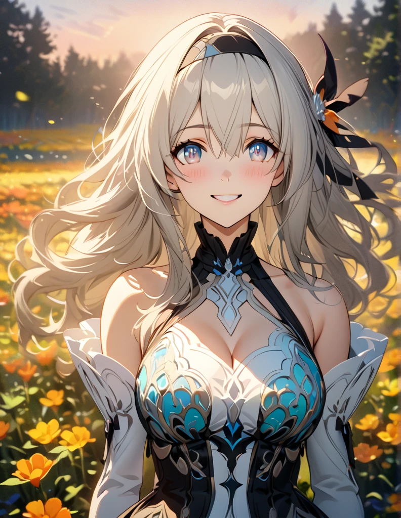 beautiful girl, long grey hair, beautiful face,smiling,close up to hips, beautiful breast, in the middle of flowers field, (open mouth:0.4),illustration,detailed textures(realists),ultra-detailed,portrait style,vivid colors,soft lighting, blushing, mature, hair fluttering, evening light , head band, ((half body)), cleavage, wearing intricate two tones wedding dress, perky. ((side profile until hips))