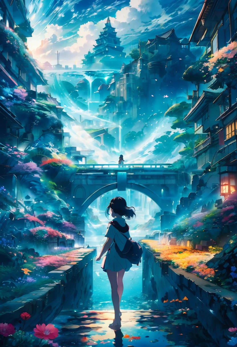 Anime-Schlüsselvisual, Meisterwerke der Landschaft,ein Mädchen mit langen Haaren, Aus der Stadt Atlantis, komplexer Hintergrund, nebliger Zustand, Cyberdelikat, blühendes Licht, Makro-Objektiv, Stilo Tsuchida, Spritzer Wassertropfen, baby Drache 