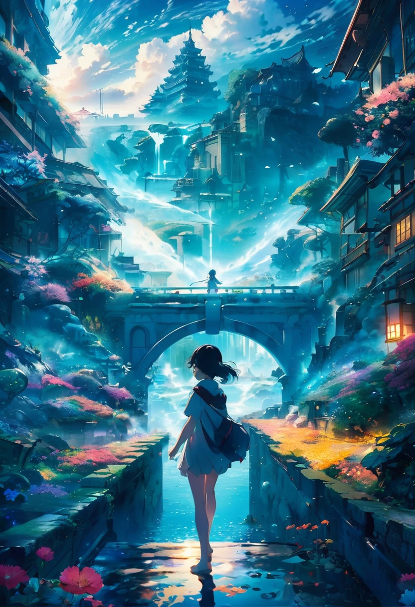 アニメキービジュアル, 傑作の風景,長い髪の女の子, アトランティスの街から, 複雑な背景, 霧の状態, サイバーデリック, 花開く光, マクロレンズ, Estilo Tsuchida, 水滴の飛沫, 赤ちゃんドラゴン 