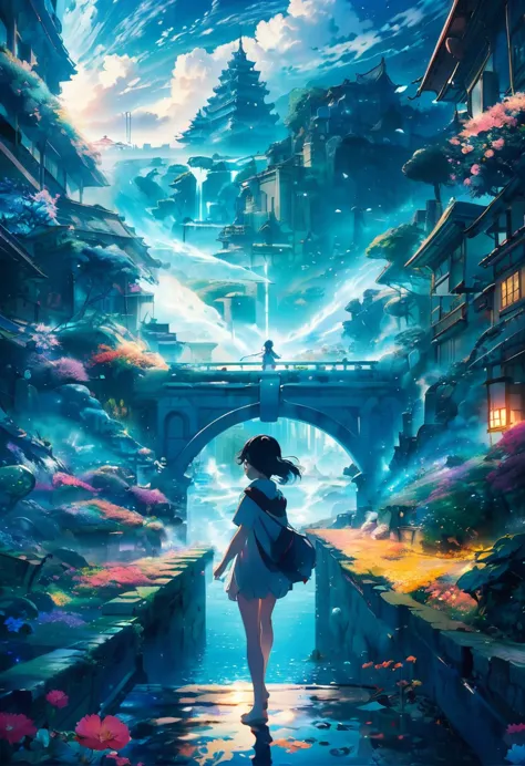 anime key visual, Masterpiece landscapes,A long hair girl, From the city of Atlantis, complex background, foggy condition, cyber...
