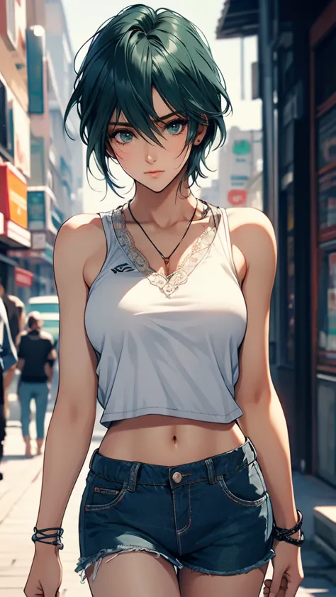 1 Female, Tamaki, green short hair, hair between eyes, (detailed eyes:1.3), Street fashion, boyish, cowboy shot