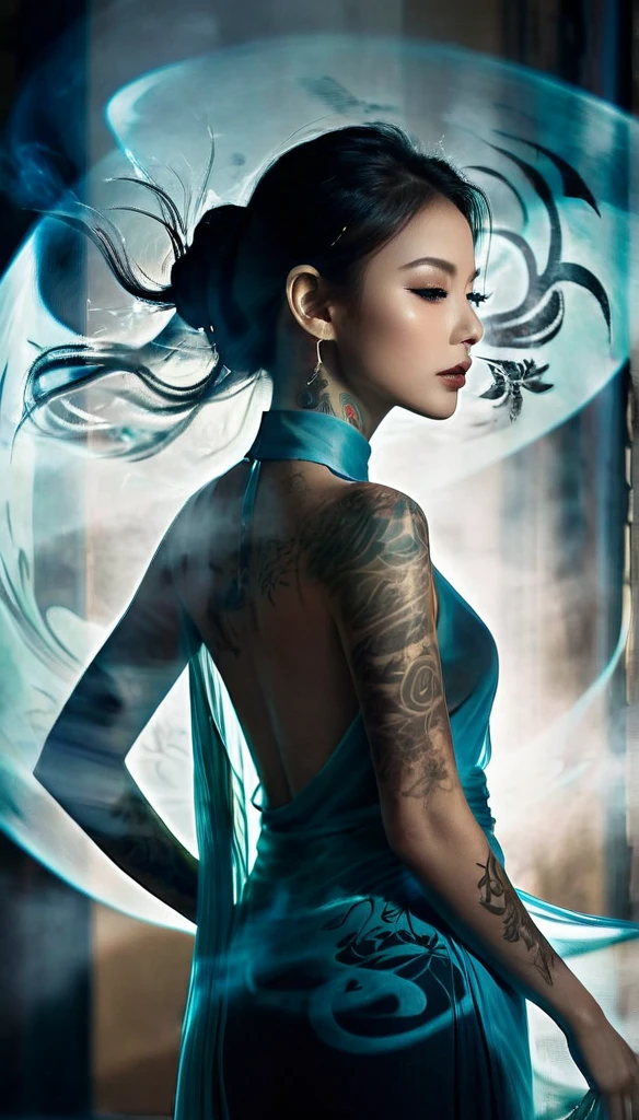 Double Exposure Style,Volumetric Lighting,a girl (Supermodel) with Wrap top,arching her back, beautiful tattoo, Traditional Attire,Artistic Calligraphy and Ink,light depth,dramatic atmospheric lighting,Volumetric Lighting,double image ghost effect,image combination,double exposure style,