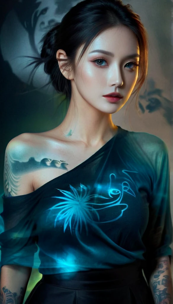 Double Exposure Style,Volumetric Lighting,a girl (Supermodel) with Wrap top,arching her back, beautiful tattoo, Traditional Attire,Artistic Calligraphy and Ink,light depth,dramatic atmospheric lighting,Volumetric Lighting,double image ghost effect,image combination,double exposure style,