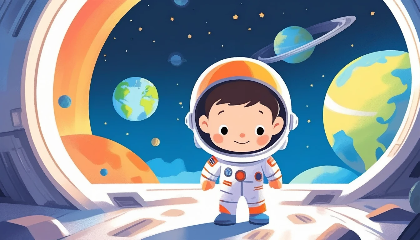 children's picture books,crayon paintings,white background,simple background,
A little boy in spacecraft, facing the camera, only earth planet in background, slowly approaching, with high definition and quality,